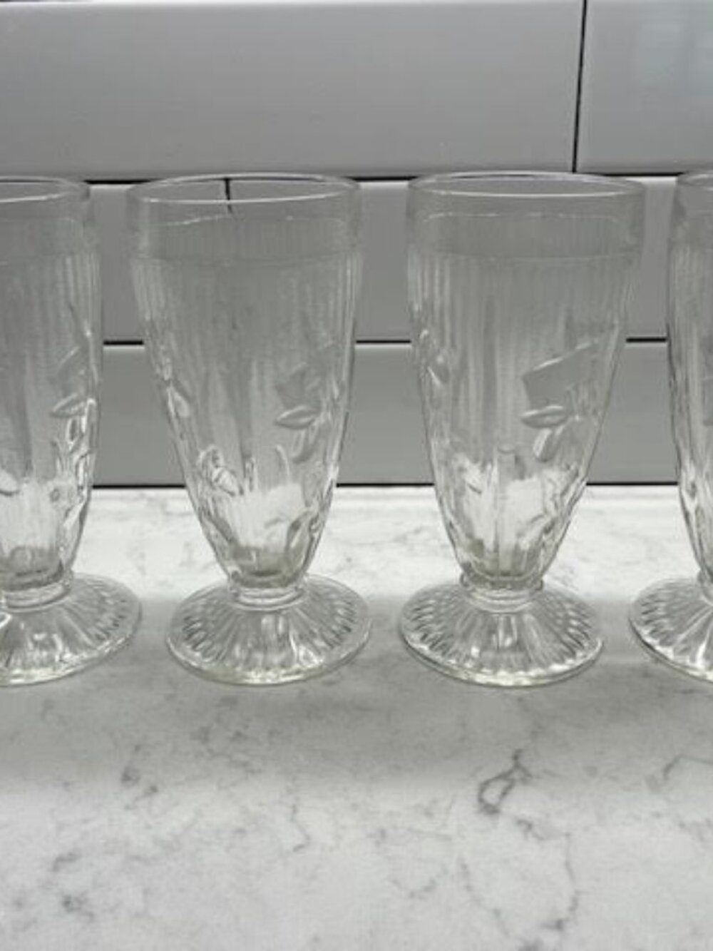 (4) Vtg Anchor Hocking Jeannette Clear Iris Herrinngbone Footed 12 oz Tumbler